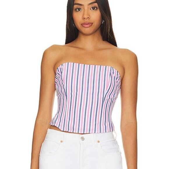 Favorite Daughter Lanai Strapless Bustier Pink Blue Pinstriped Top NWT Size 8 - Picture 1 of 6